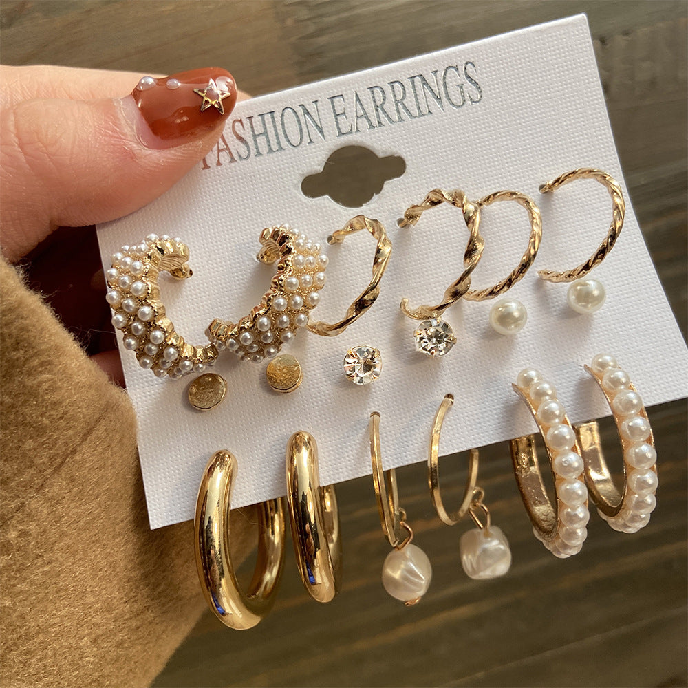 Set Of 6 Frech Antique Gold-Tone Pearl Earrings